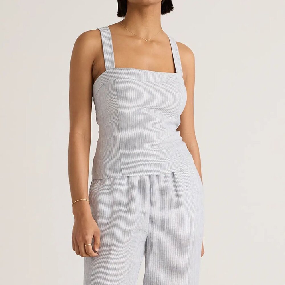 Quince 100% European Linen Fitted Tank - Size S - Blue Pinstripe